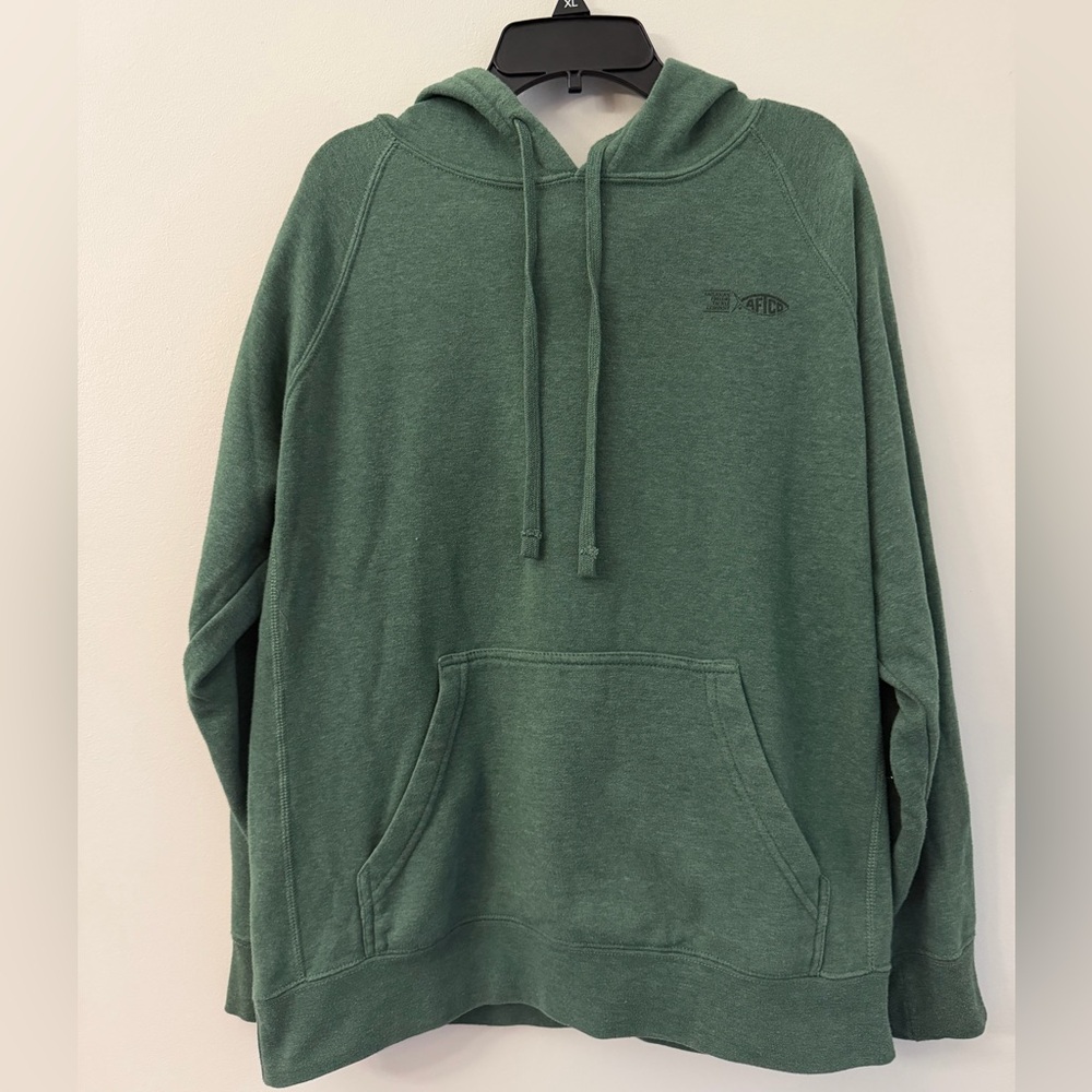 AFTCO Hoodie Mens medium Green Fleece Pullover Kangaroo Pocket Graphic Back